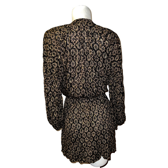 ZARA Size XS Black Brown Gold Metallic Balloon Sleeve Button Front Shirt Dress - Picture 8 of 10